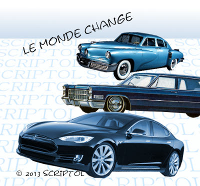 Evolution des voitures Sedan: Tucker, Cadillac, Tesla pour illustrer le passage de PHP à JavaScript