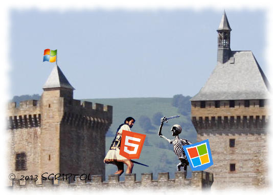 Combat sur un mur de château d'un homme avec un bouclier HTML 5 contre un squelette avec un bouclier au logo de Microsoft